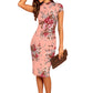 Front view of model wearing alluring floral print bodycon dress in peach