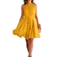 Front view of the model wearing "Yellow Western Halter Neck Pleated Short Dress" featuring sleeveless pleated mock neck dress with pocket s for a stylish look.