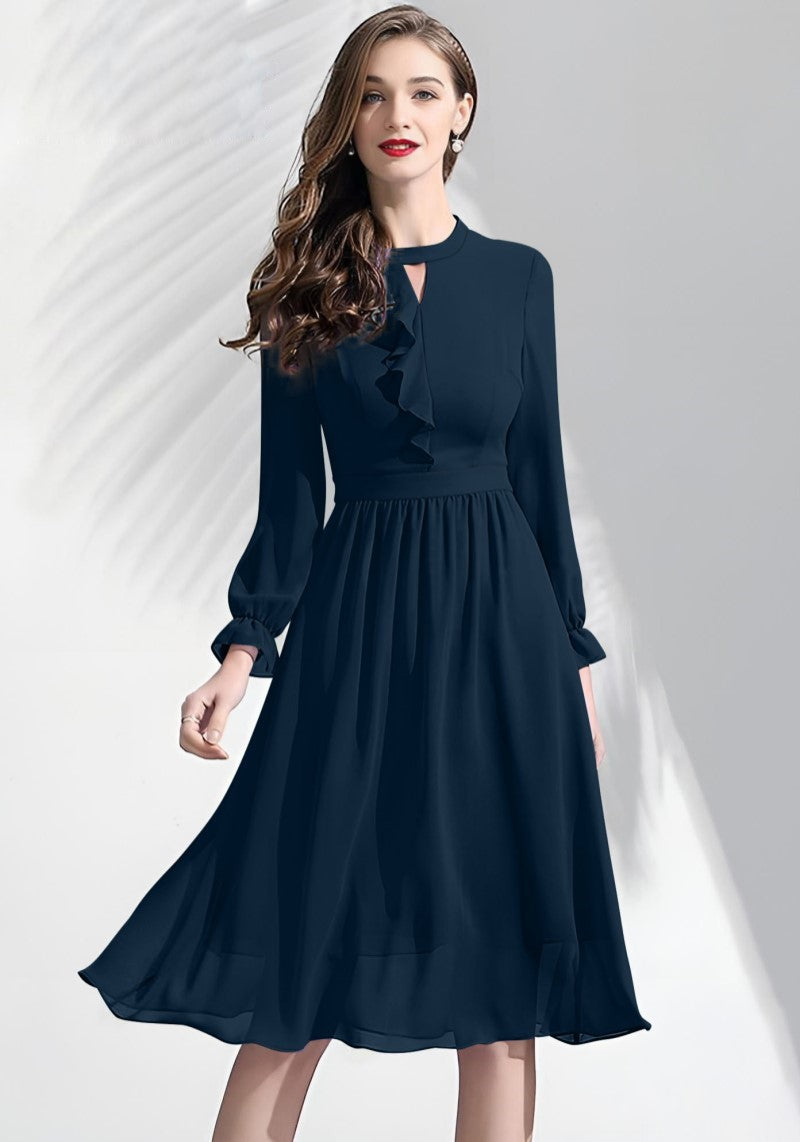 Model wearing Morpich ruffle midi dress with front keyhole neckline and sheer bishop sleeves.