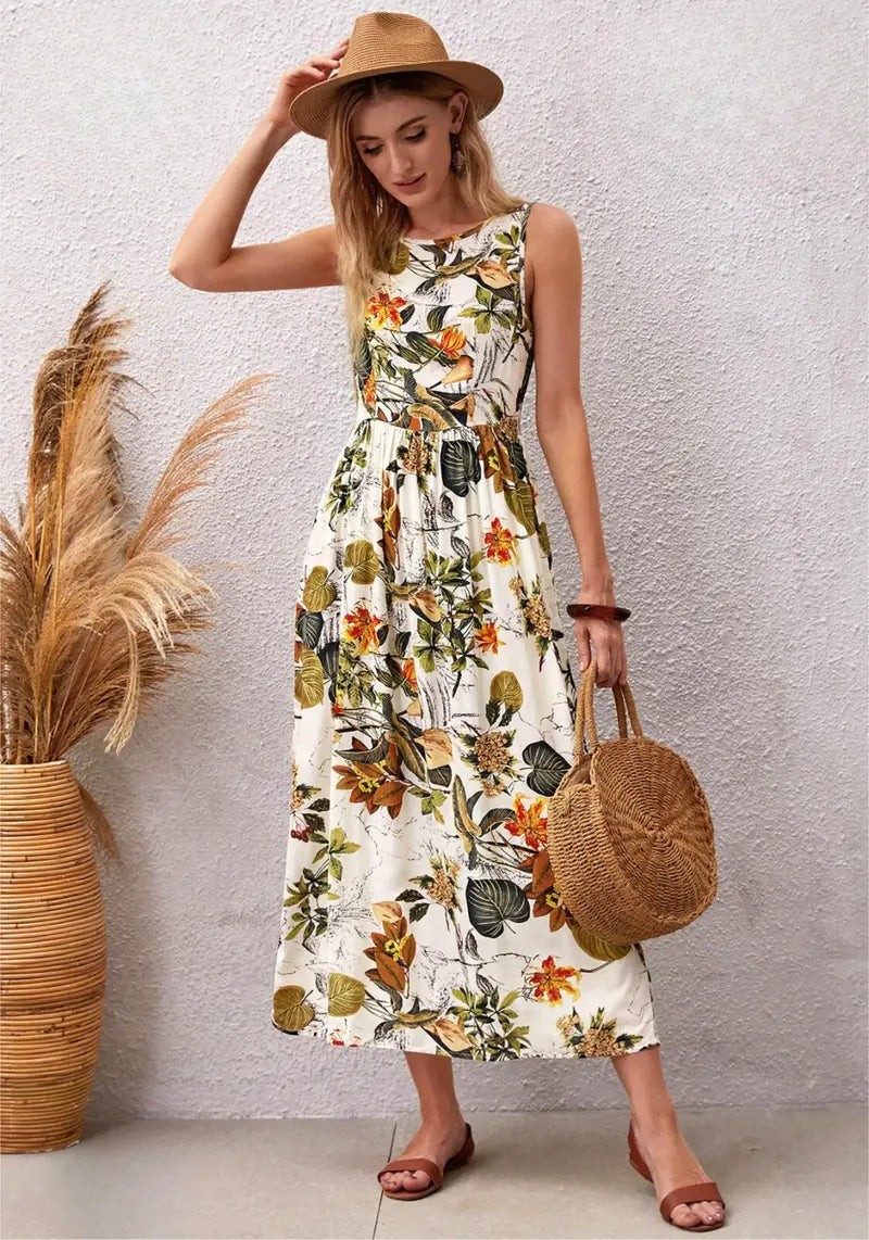 Model wearing Tropical Bloom White Floral Sleeveless Midi Dress front view