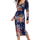 Left view of Floral print sweetheart neck puff sleeve midi bodycon dress in elegant blue variant