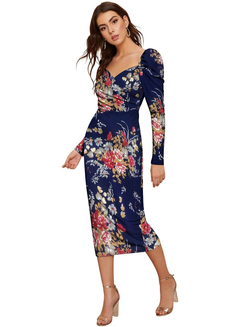 Left view of Floral print sweetheart neck puff sleeve midi bodycon dress in elegant blue variant