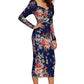 Side view of Floral print sweetheart neck puff sleeve midi bodycon dress in elegant blue variant