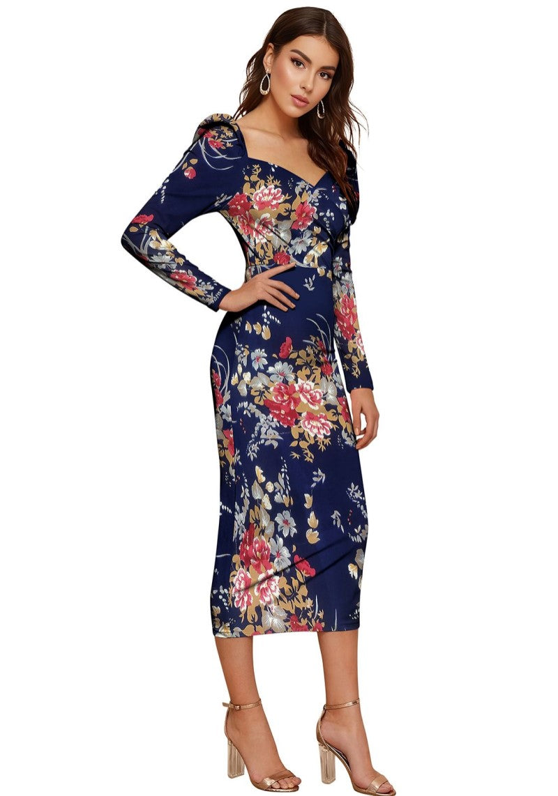 Side view of Floral print sweetheart neck puff sleeve midi bodycon dress in elegant blue variant