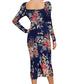 Back view of Floral print midi bodycon dress with square back neckline and back slit detail-blue color 