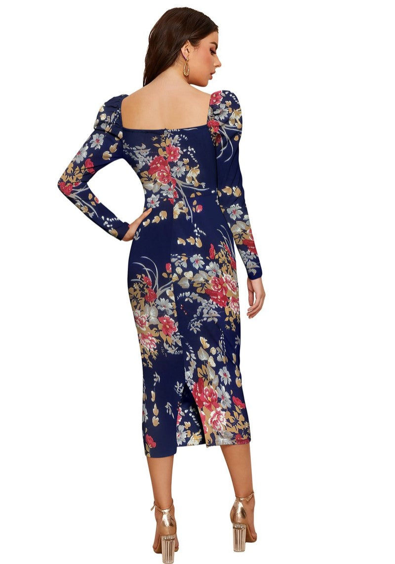 Back view of Floral print midi bodycon dress with square back neckline and back slit detail-blue color 
