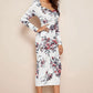 Side view of Floral print sweetheart neck puff sleeve midi bodycon dress in elegant white variant