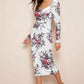 Left view of Floral print sweetheart neck puff sleeve midi bodycon dress in elegant white variant