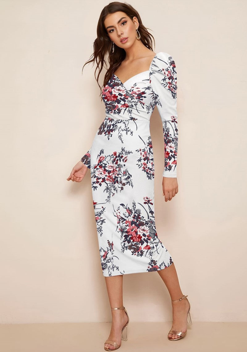 Left view of Floral print sweetheart neck puff sleeve midi bodycon dress in elegant white variant