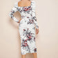 Back view of Floral print midi bodycon dress with square back neckline and back slit detail-white color