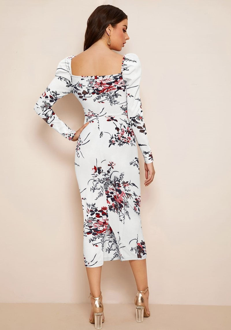 Back view of Floral print midi bodycon dress with square back neckline and back slit detail-white color