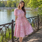 Women's designer floral printed chiffon midi dress with short sleeves and soft lining, perfect for brunch, vacations, parties, and summer occasions.
