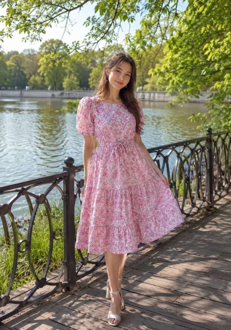 Women's designer floral printed chiffon midi dress with short sleeves and soft lining, perfect for brunch, vacations, parties, and summer occasions.