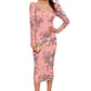 Floral print sweetheart neck puff sleeve midi bodycon dress with fitted silhouette in elegant peach