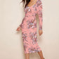 Left view of Floral print sweetheart neck puff sleeve midi bodycon dress in elegant peach variant