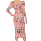Back view of Floral print midi bodycon dress with square back neckline and back slit detail-peach color