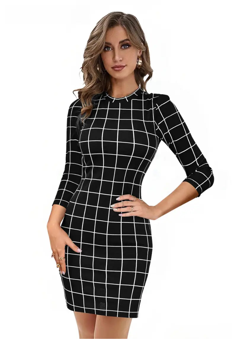 A woman wearing a black checkered bodycon dress with a round neck and 3/4 sleeves.