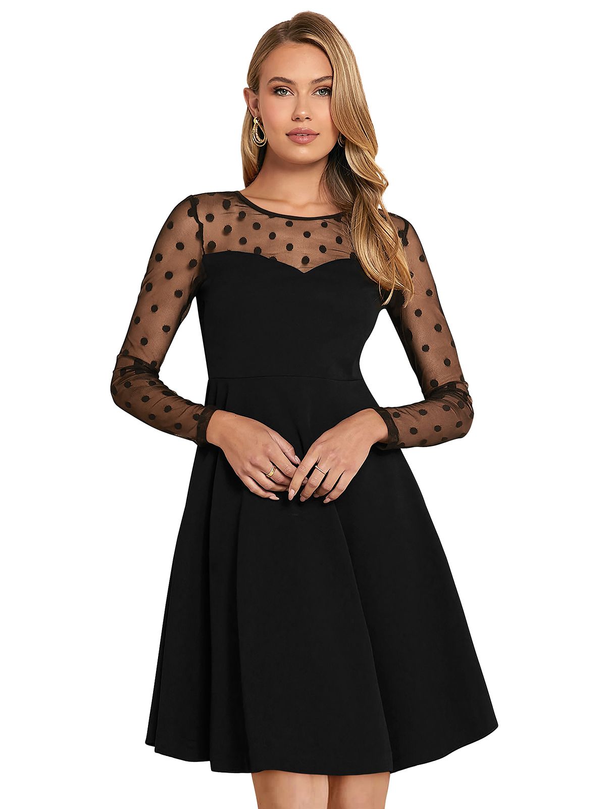 Front view of black A-line dress with sheer polka dot mesh sleeves and illusion sweetheart neckline – chic party wear.