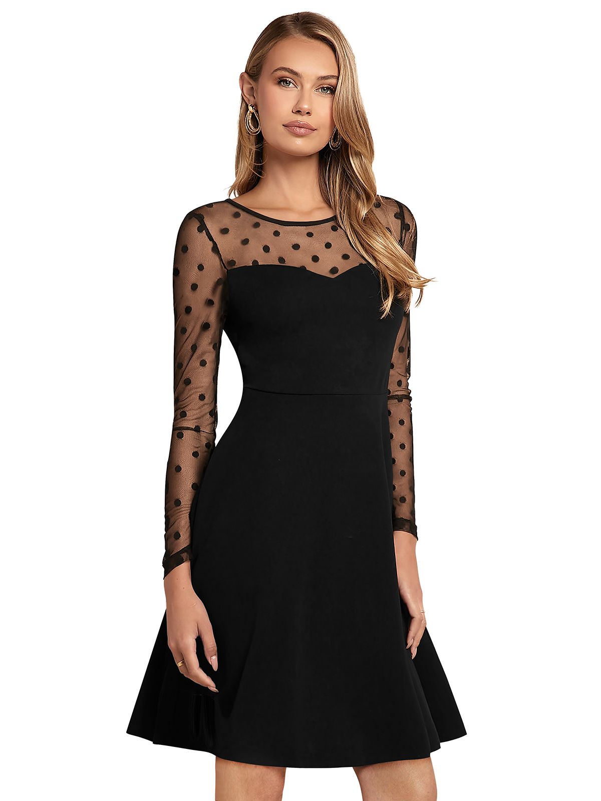 Right side view of black A-line dress with sheer polka dot mesh sleeves and illusion sweetheart neckline – stylish party wear.