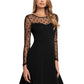 Right side view of black A-line dress with sheer polka dot mesh sleeves and illusion sweetheart neckline – stylish party wear.