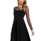 Left view of black A-line dress with sheer polka dot mesh sleeves and illusion sweetheart neckline – elegant party wear