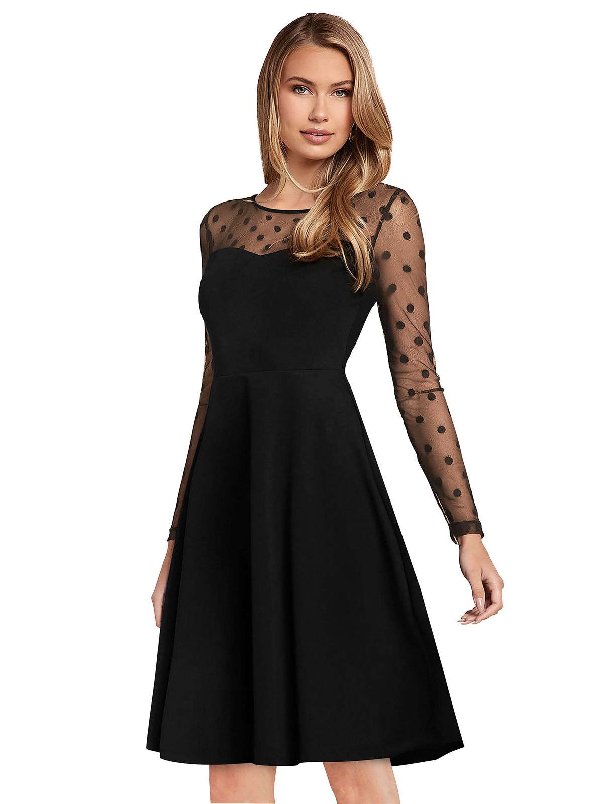 Left view of black A-line dress with sheer polka dot mesh sleeves and illusion sweetheart neckline – elegant party wear