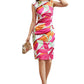 Front view of the model walking in the Vibrant Pink & Pearl Arctic Floral Print Bodycon Dress, showcasing the boat neck and sleeveless design for a chic, contemporary style.