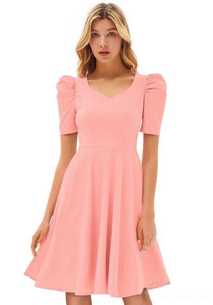 Designer Peach Solid Puff Sleeves Skater Midi Dress
