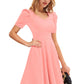 Designer Peach Solid Puff Sleeves Skater Midi Dress