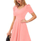 Designer Peach Solid Puff Sleeves Skater Midi Dress