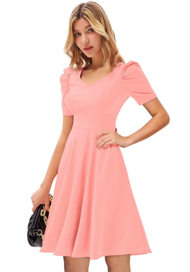 Designer Peach Solid Puff Sleeves Skater Midi Dress