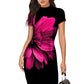 Bold black bodycon dress with a striking fuchsia floral print, short sleeves, and a high neckline.