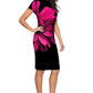 Stylish black bodycon dress with a vivid pink floral accent, highlighting the curve-hugging fit and smooth fabric.