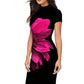 Sleek side profile of the black bodycon dress, showcasing the vibrant pink flower design wrapping around the silhouette.