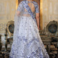 Back view of White and Blue Heritage Lehenga Choli with dupatta Set highlighting satin fabric and detailing.