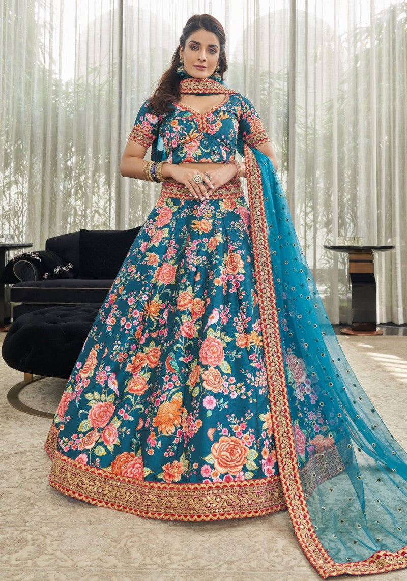 Front view of Teal floral art silk lehenga choli with embroidered net dupatta – showcasing the Flared view of Lehenga and Dupatta 