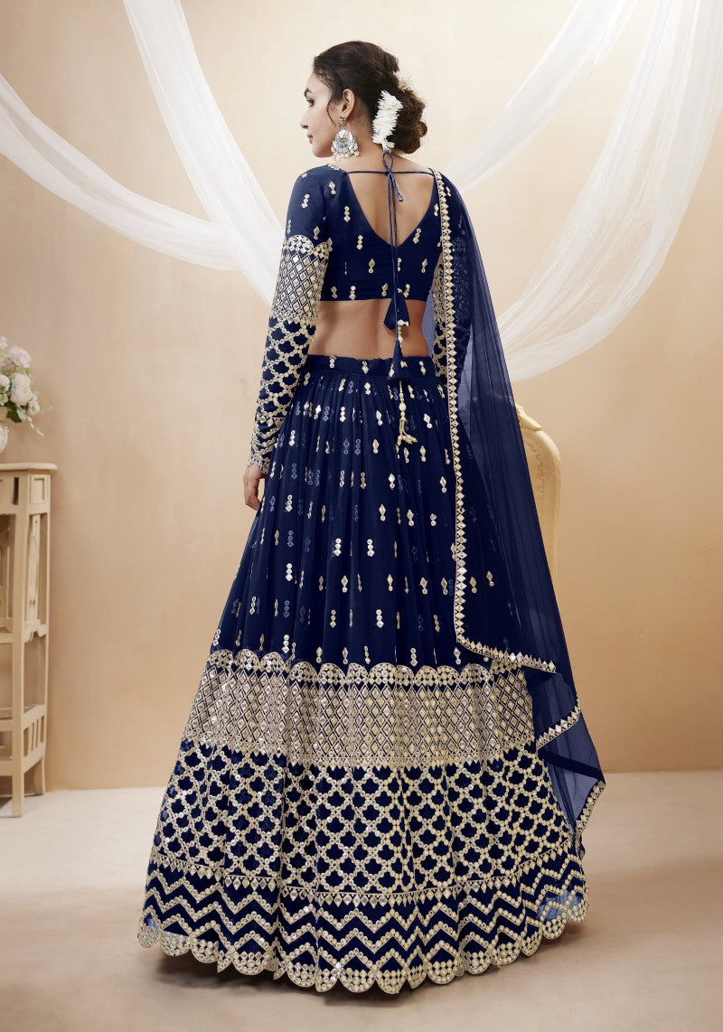 Navy Blue Sequins Embroidered Lehenga Choli with Zigzag Hem