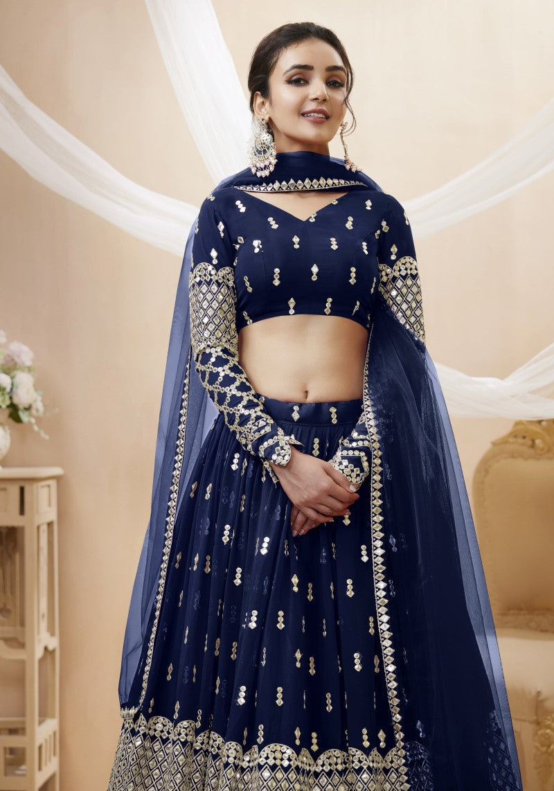 Navy Blue Sequins Embroidered Lehenga Choli with Zigzag Hem