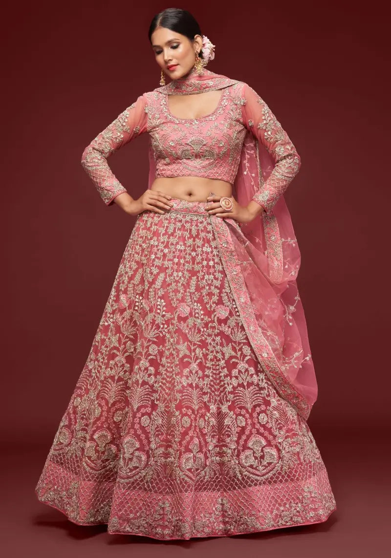 Fantasy Rose soft net embroidered lehenga choli with Zari, Thread, Badla and Dori work, paired with dupatta for weddings.