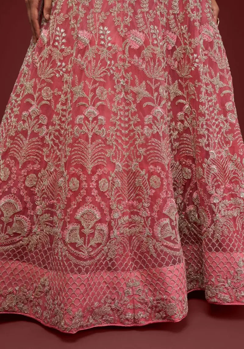 Fantasy Rose soft net lehenga with intricate Zari and Dori embroidery paired with matching choli and dupatta set.