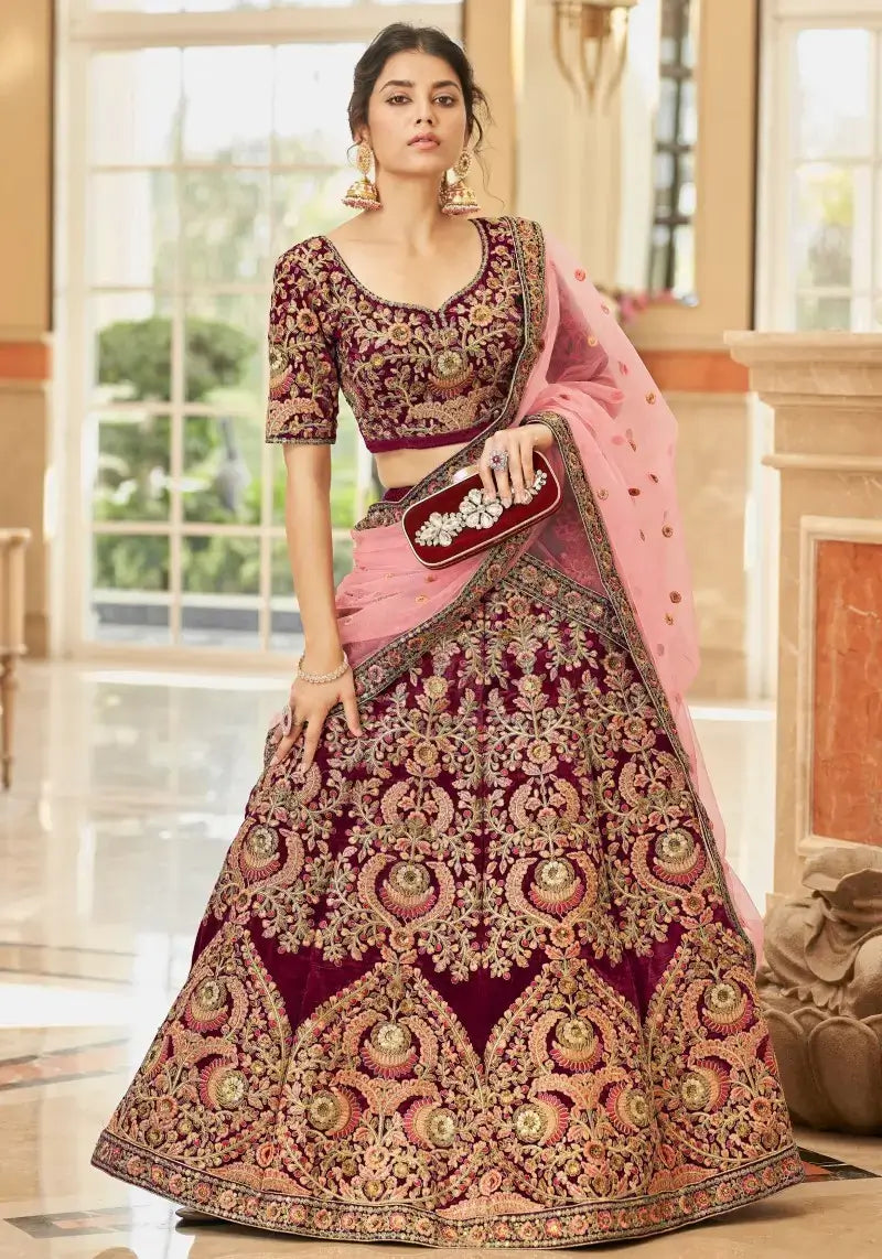 Exquisite Maroon Velvet Bridal Lehenga Choli with Net Dupatta