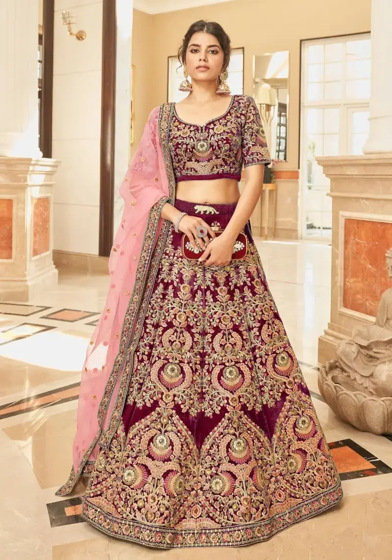 Exquisite Maroon Velvet Bridal Lehenga Choli with Net Dupatta