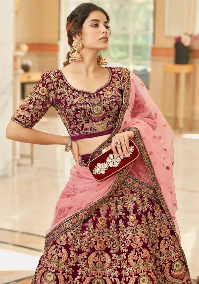 Exquisite Maroon Velvet Bridal Lehenga Choli with Net Dupatta