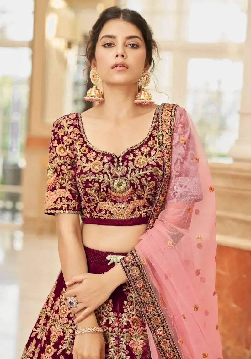 Exquisite Maroon Velvet Bridal Lehenga Choli with Net Dupatta