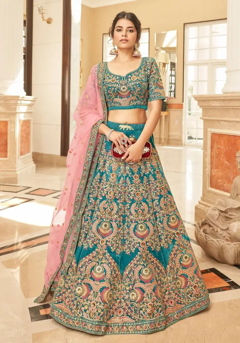 Exquisite Teal Velvet Bridal Lehenga Choli with Net Dupatta