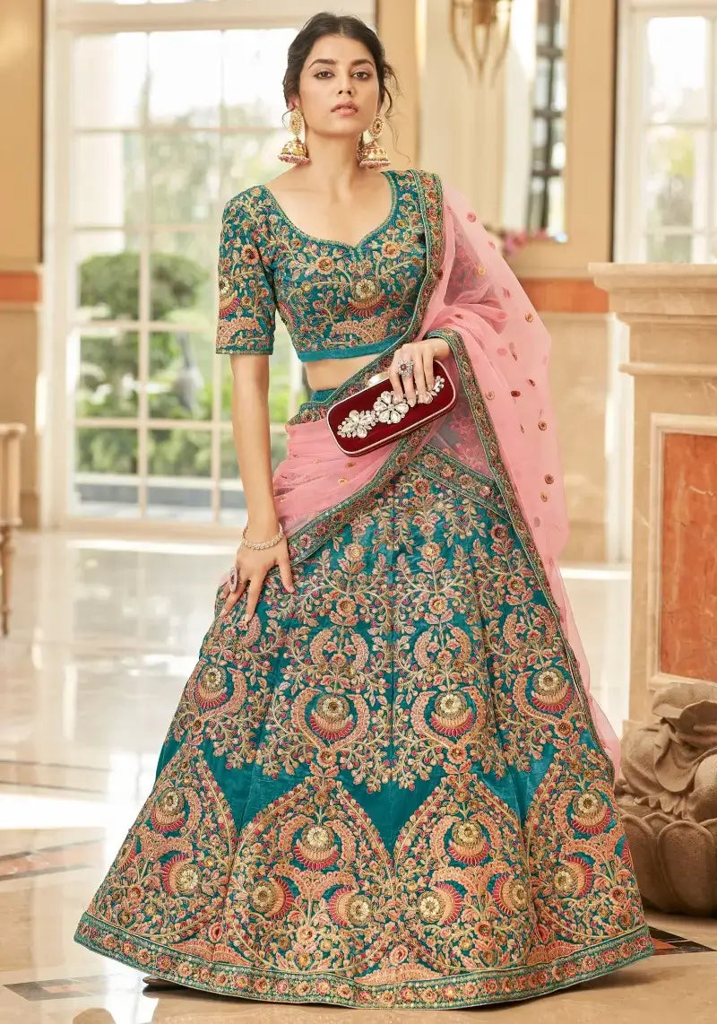 Exquisite Teal Velvet Bridal Lehenga Choli with Net Dupatta