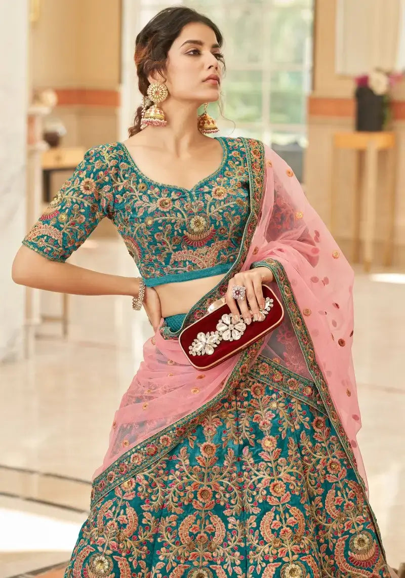 Exquisite Teal Velvet Bridal Lehenga Choli with Net Dupatta