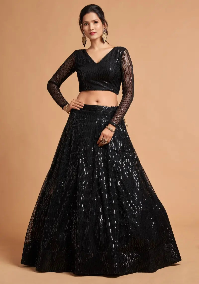 Embellished Flared Black Lehenga Choli Set With Dupatta