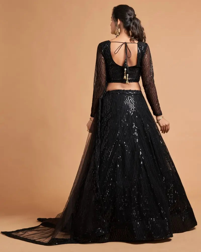 Embellished Flared Black Lehenga Choli Set With Dupatta