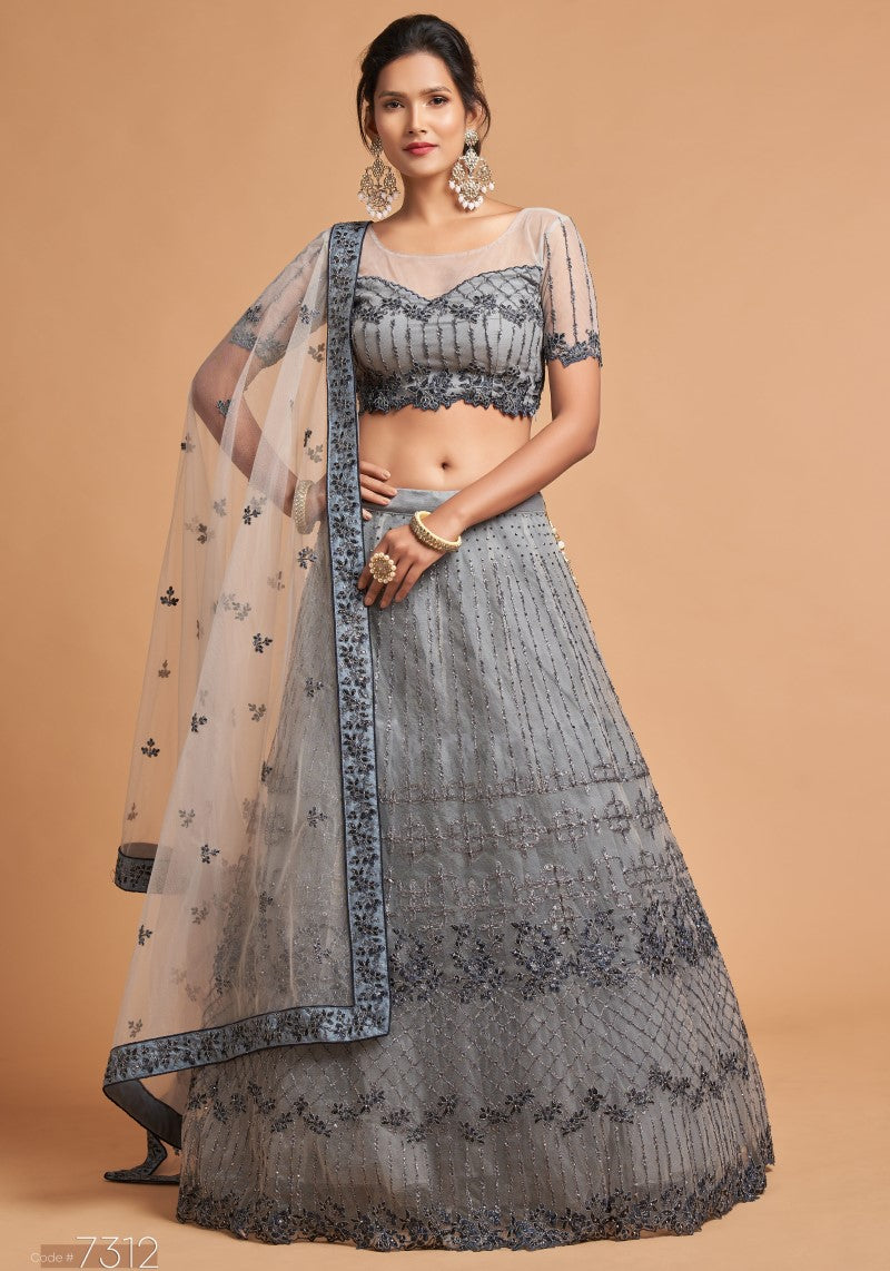 Charming Grey Soft Net Zari Embroidered Lehenga Choli